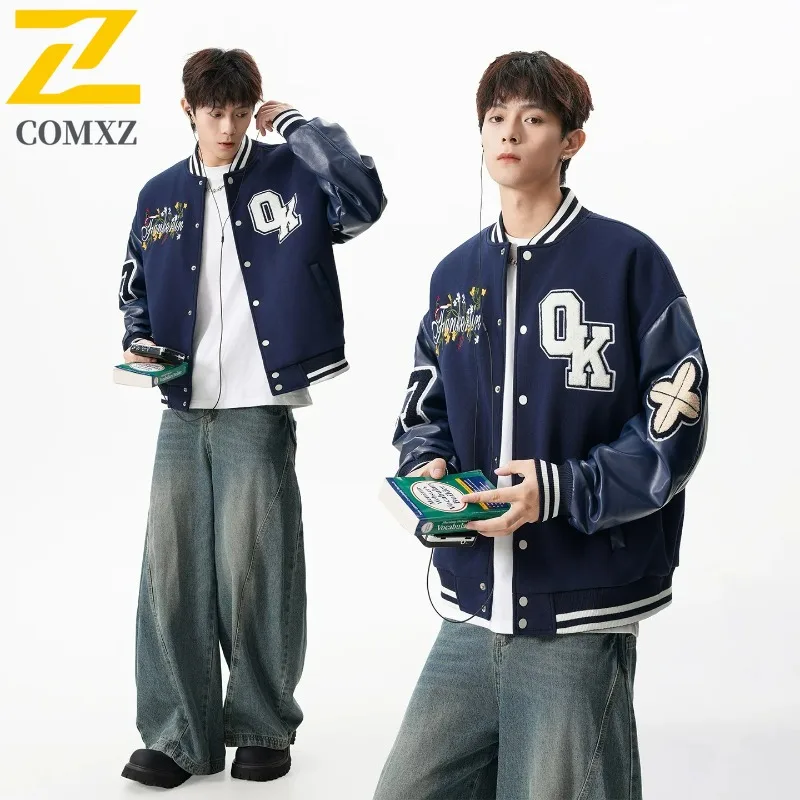 

COMXZ Trench Coat Versatile Stand Collar Letter Print Outdoor Windproof Travel Camping Jacket Walking Autumn Men Varsity Jacket