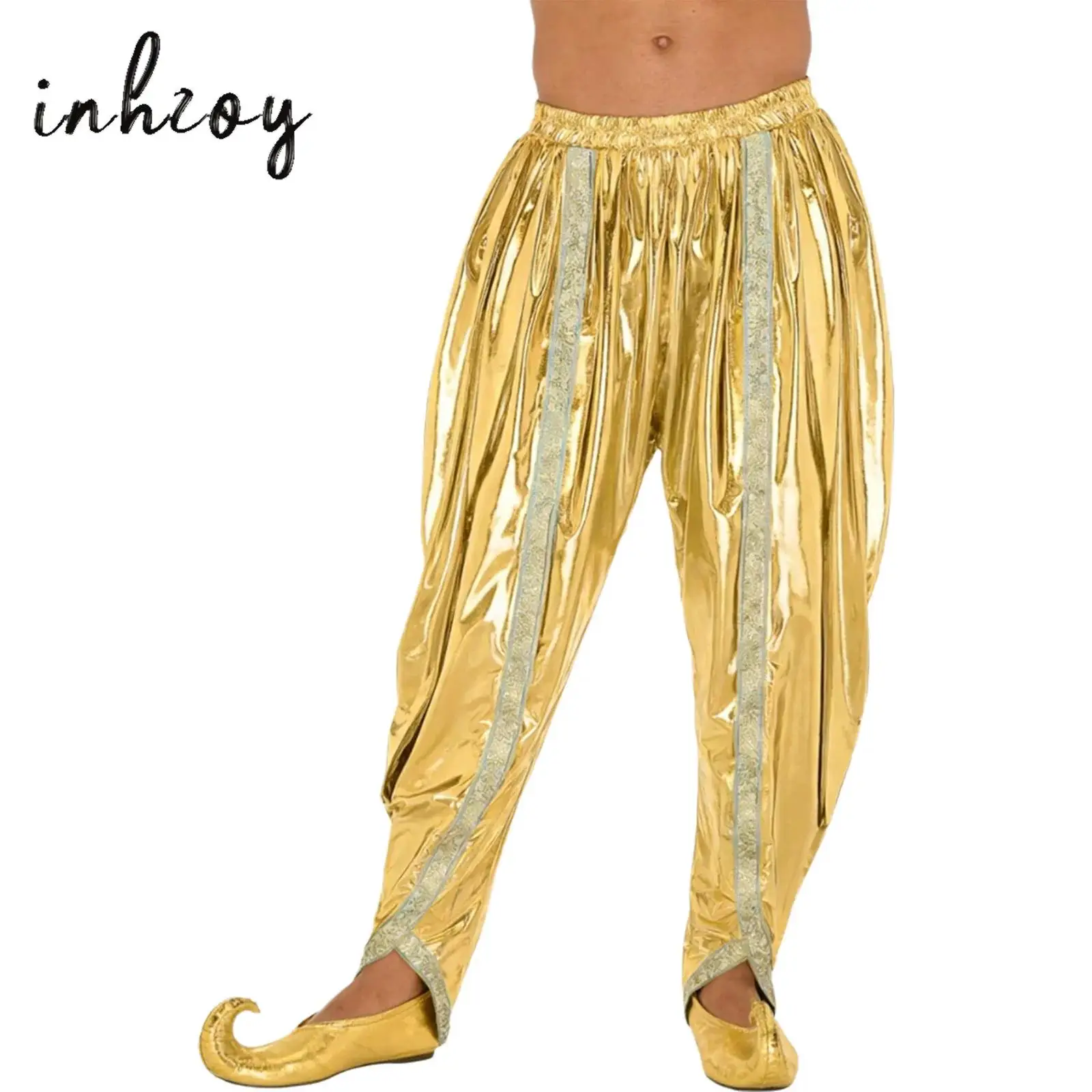 Pantalones Dhoti indios para hombre, adorno de brocado dorado, cintura elástica brillante metálica, pantalones holgados árabes, pantalones Harem Palazzo para fiesta, Cosplay