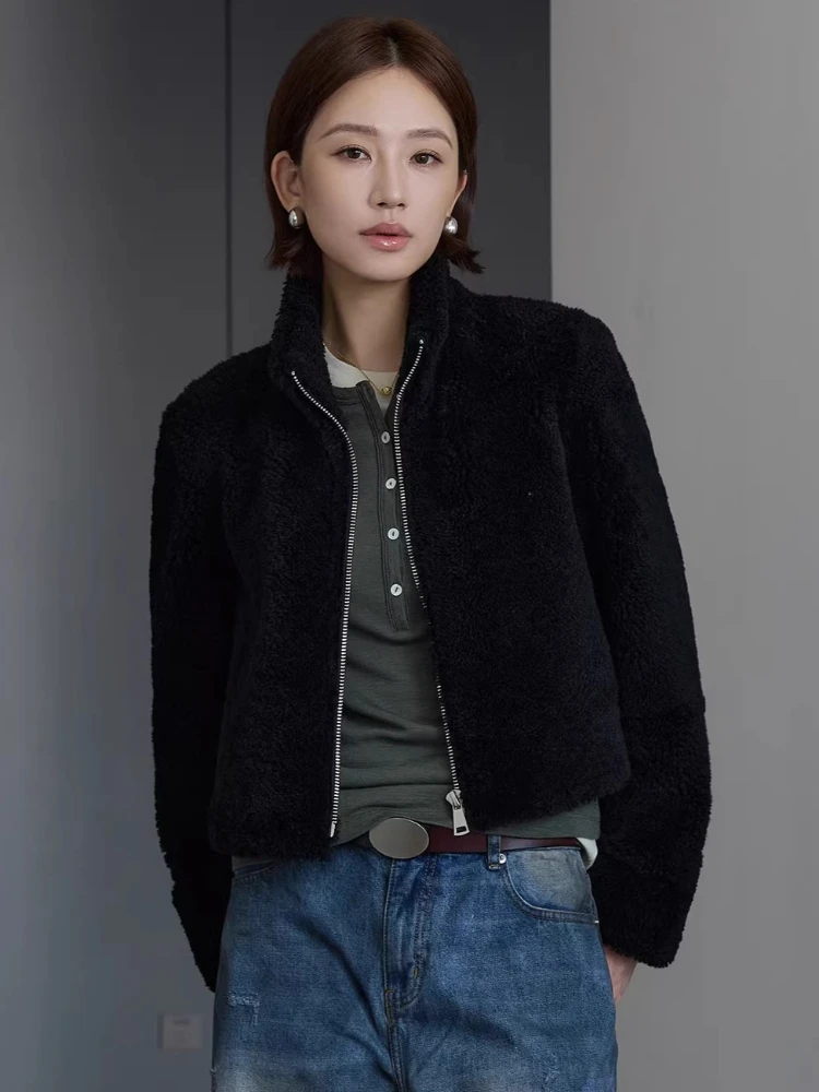 

High-end Luxury Merino Sheep Fur Lambswool Jackets for Women Simple Stand Collar Slim Short Winter Genuine Leather Real Fur Coat