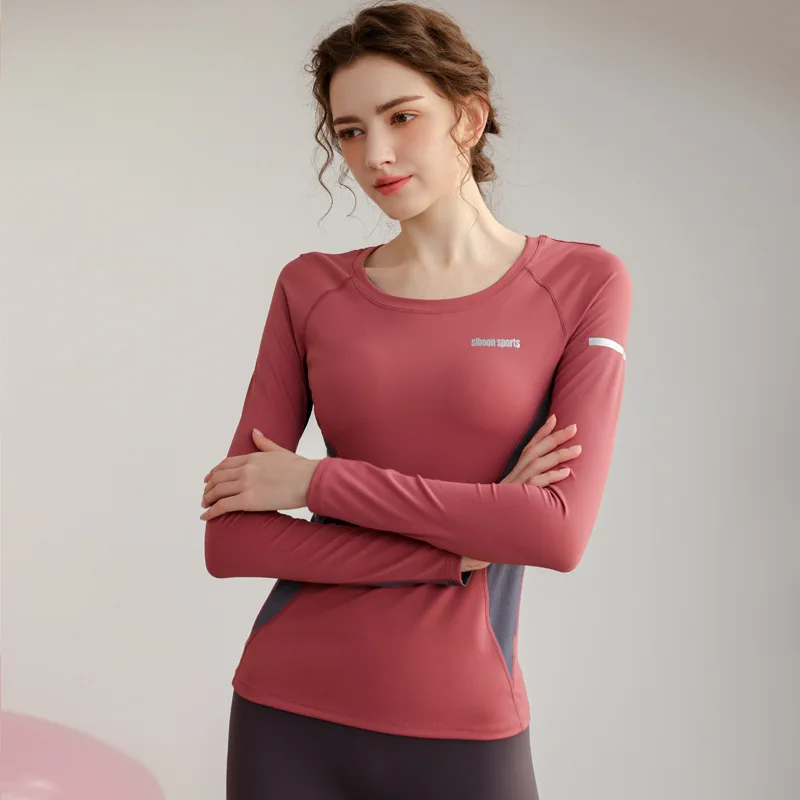 New 2023 Yoga Fitness Gym Women Long Sleeve Shirts Running Quick Dry Breathable Stitching Color Round Collar loose Tops