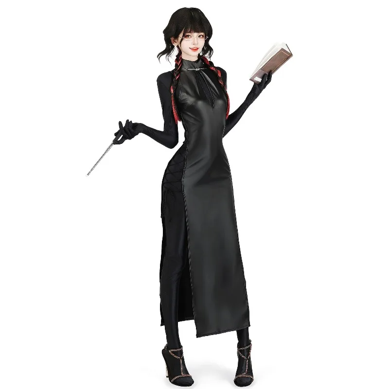 Women Witch Little Devil Cosplay Costume Black Chipao Dress Uniform Cheongsam Suit for Halloween Carnival Party Cos Outfit