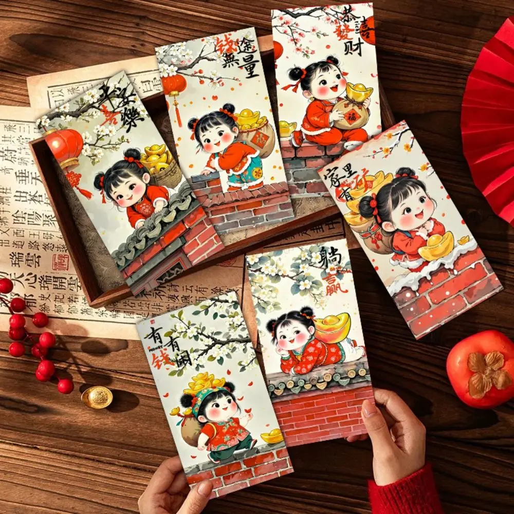 6 stks Leuke Nieuwjaar Rode Enveloppen Traditionele Chinese Stijl Kinderen Geldzak Hongbao Zegen Geluk Geld Pakketten