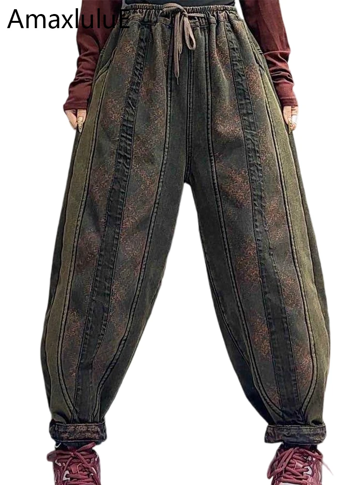 

Amax LuluE 2025 зимние женские полосатые меховые джинсы с принтом, модные свободные винтажные теплые джинсовые брюки, женские утепленные брюки для отдыха