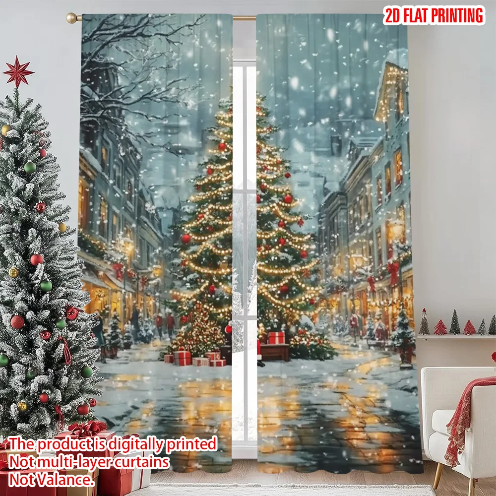 

2pcs 2D flat printing Merry Christmas Popular Window Drapes Charming Christmas trees and festive streets Versatile 100%