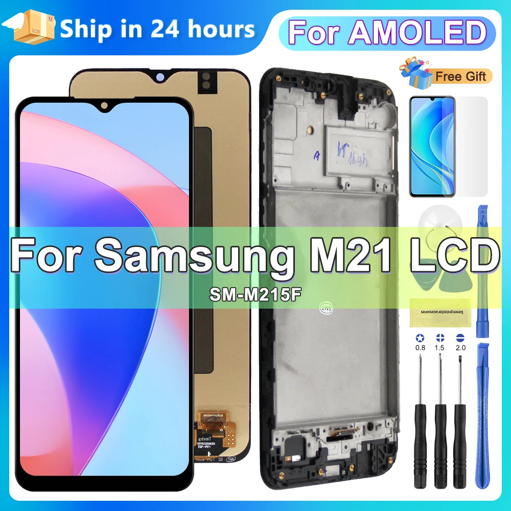 For AMOLED M21 LCD With Frame, For Samsung M21 2020 M215 M215F M215F/DS LCD Display Touch Screen Digitizer Assembly Replacement