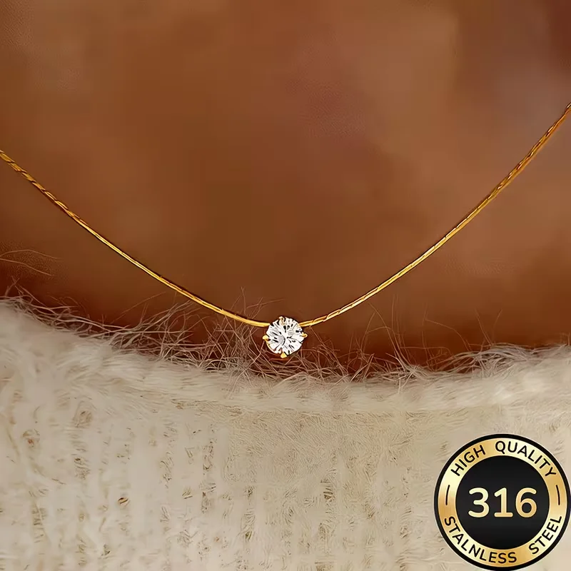Edelstahl Vergoldete Zarte Minimalistische Zirkon-Halskette mit Anlaufschutz und Rundem Klarem CZ-Stein für Damen Accessoire – Detail 6