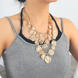 New Cool Gold Color Irregular Round Metal Pendant Long Leaf Tassel Necklace Choker for Women Trend Party Alloy Jewelry Set Gift