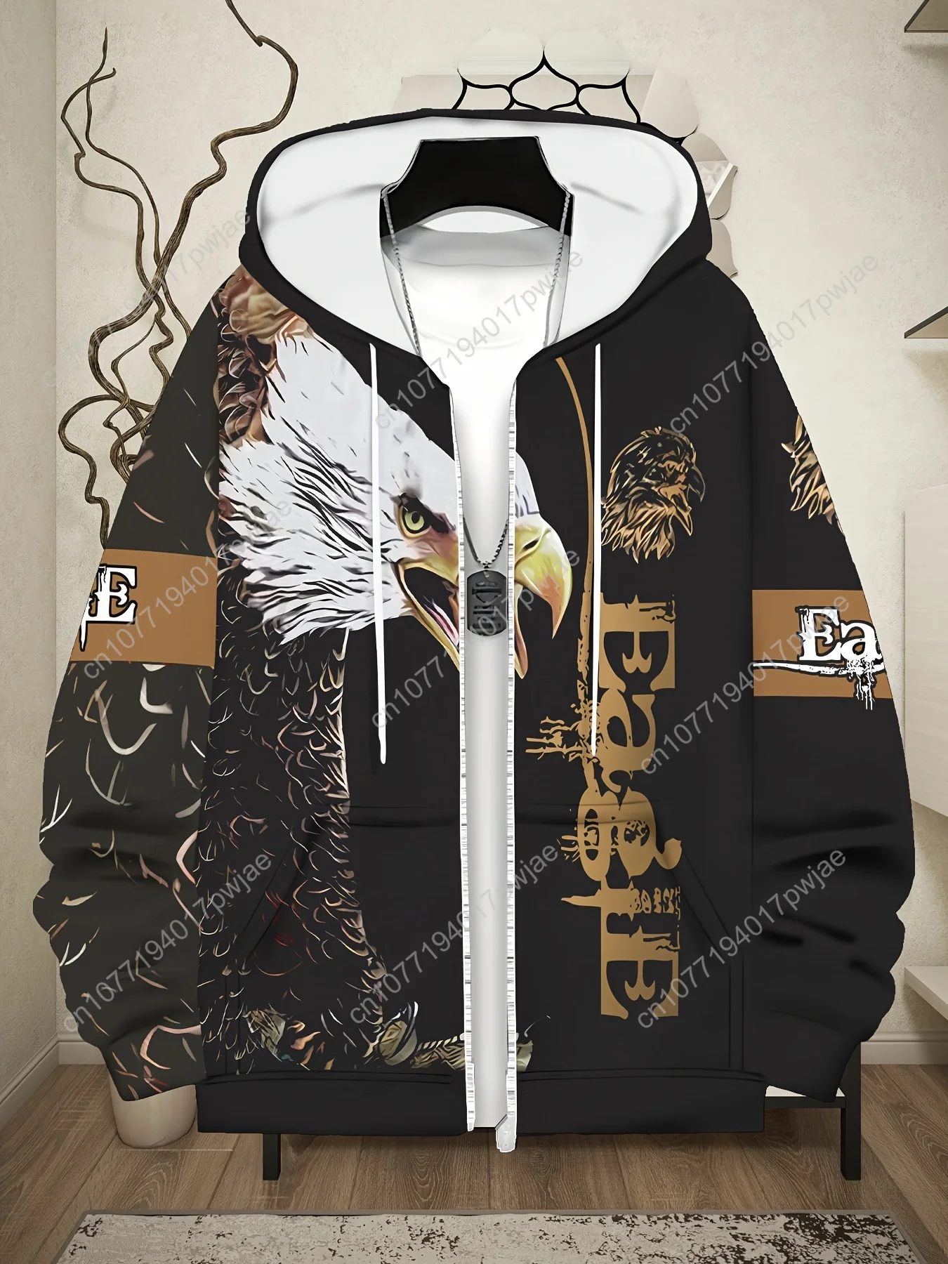 Sweat à capuche zippé imprimé aigle pour hommes – Pull élégant à manches longues avec un design "EAGLE", veste confortable automne/hiver, avec Golden & Eagle