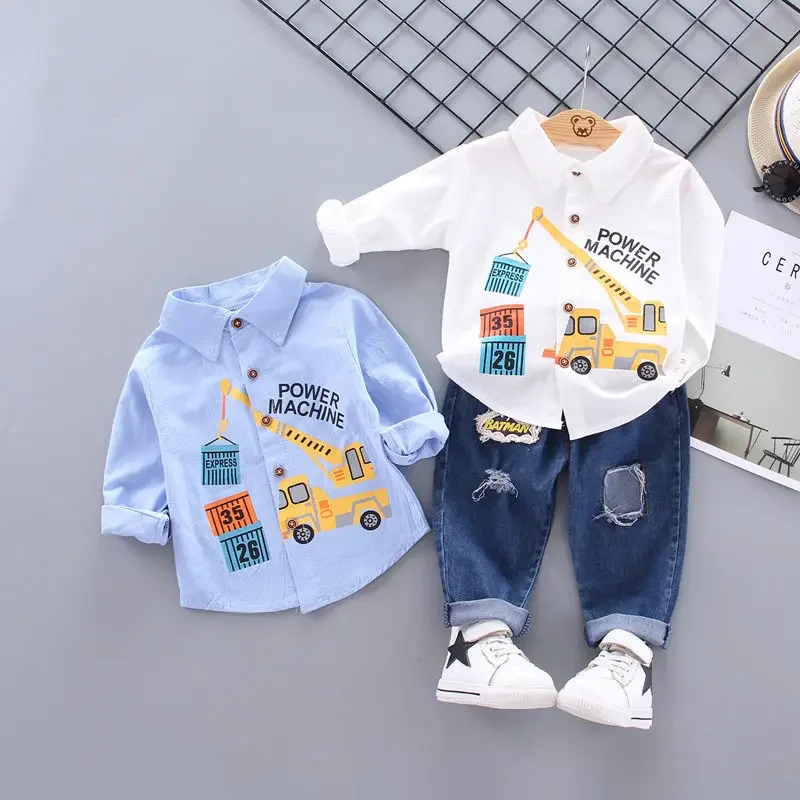 

NEW Spring Autumn Fshion Kids Boys Cotton Clothes Printe Cartoon Excavator Shirt Pants Jeans 2Pcs/Set Infant Kids Casual Suits