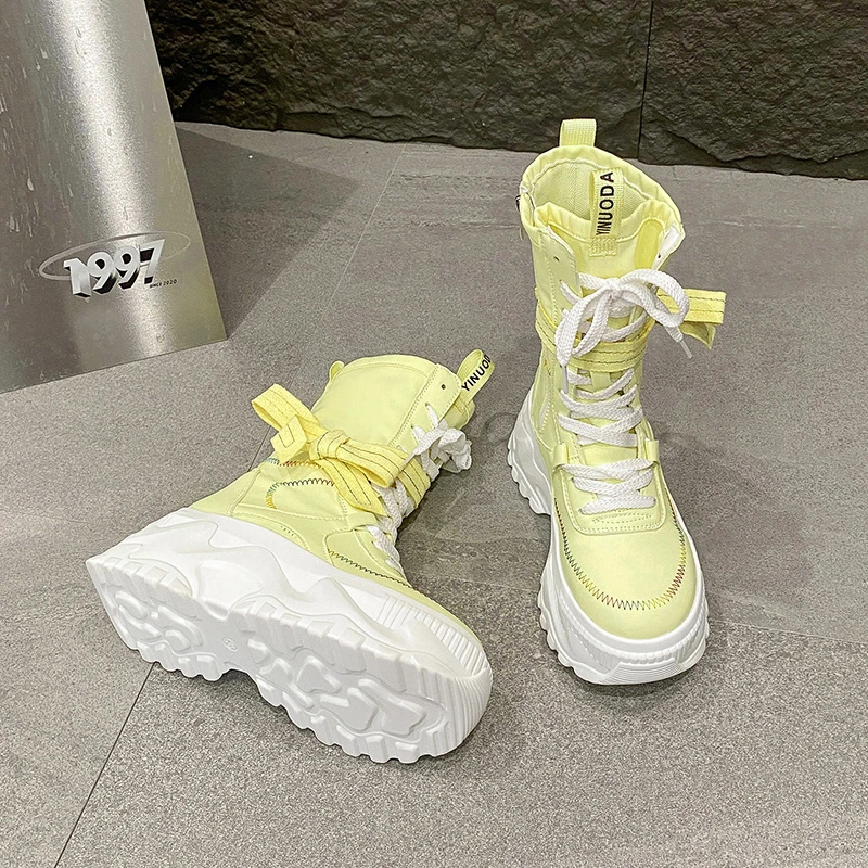 8CM Women Chunky Mid-Calf Boots New Autumn Canvas High Platform Round Toe Ladies Shoes Tie Motorcycle Boots Winter Sneakers - Image 3