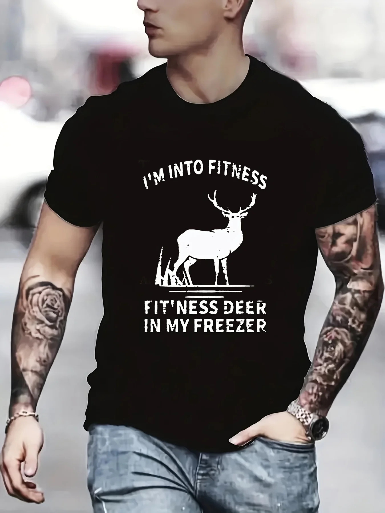 

Deer Graphic Crew Neck T-Shirt for Men Soft Slightly Stretch Polyester Fabric, Casual Loose Fit, Alphabets Pattern