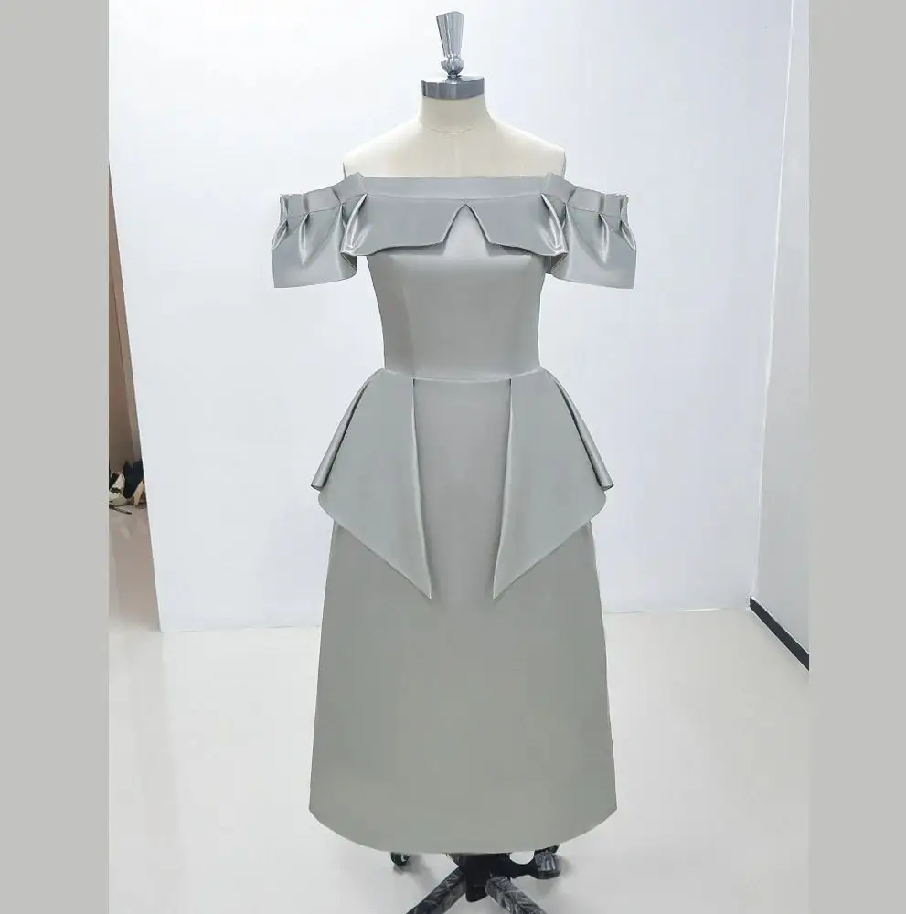 

Minimalist Temperament Light Gray Boat Neck Design Evening Dress New Fashion Female Ankle Length Prom Gowns