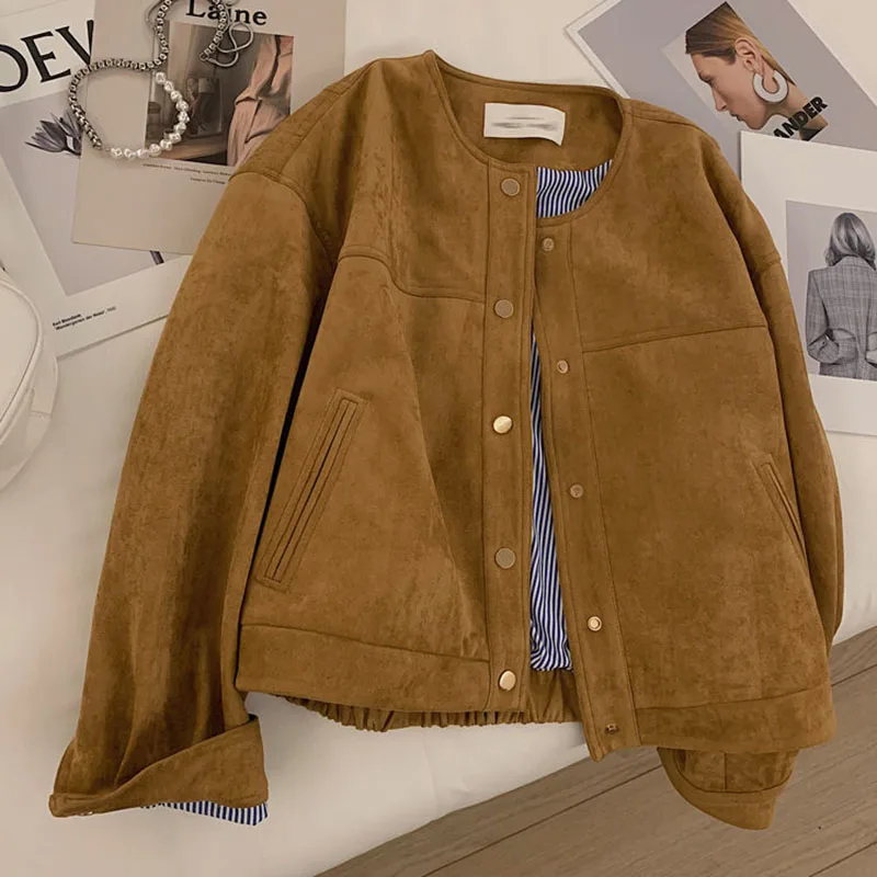 Jaket pendek Suede wanita Korea, mantel Vintage wanita longgar lengan panjang, setelan penerbangan Harajuku satu baris