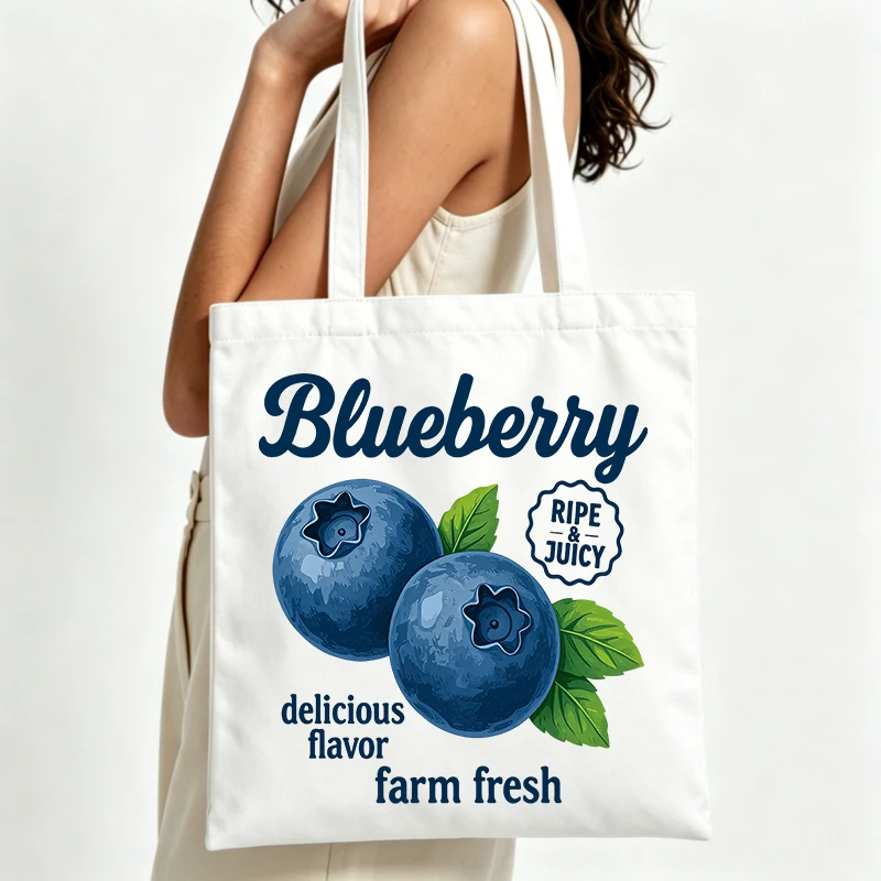 blueberry fruit graphic canvas tote bag, casual style for daily shopping and summer outings