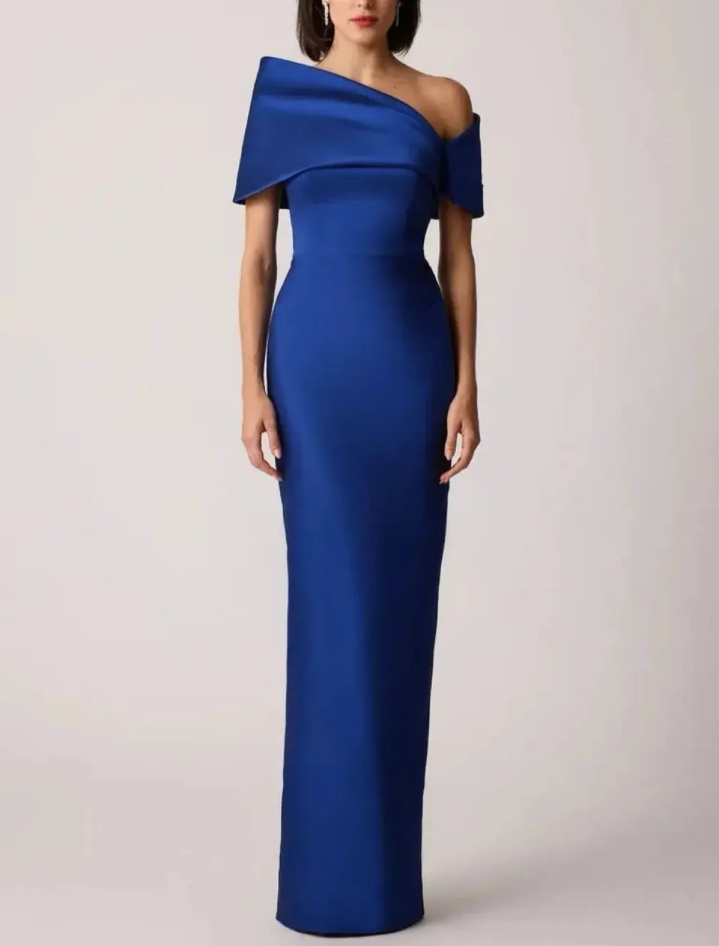 Elegant Royal Blue Satin Off-Shoulder Gown with Draped Neckline & Form-Flattering Column Silhouette – Lili's Couture Collection