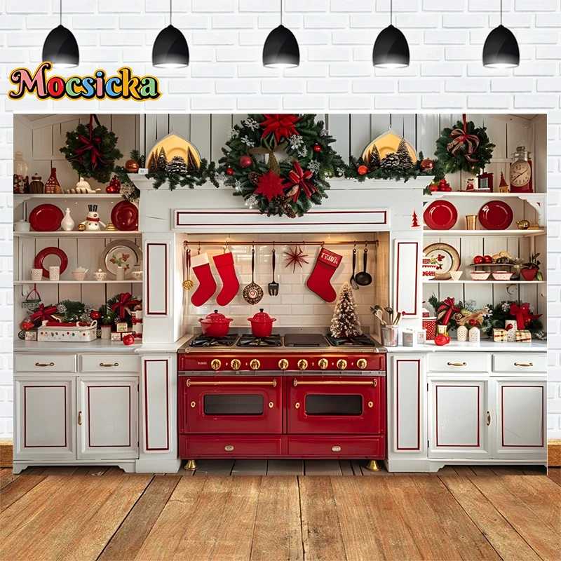 Mocsicka Photography Background Merry Christmas Wreath Socks Kitchen Backdrop Happy New Year Party Photo Banner Studio Prop