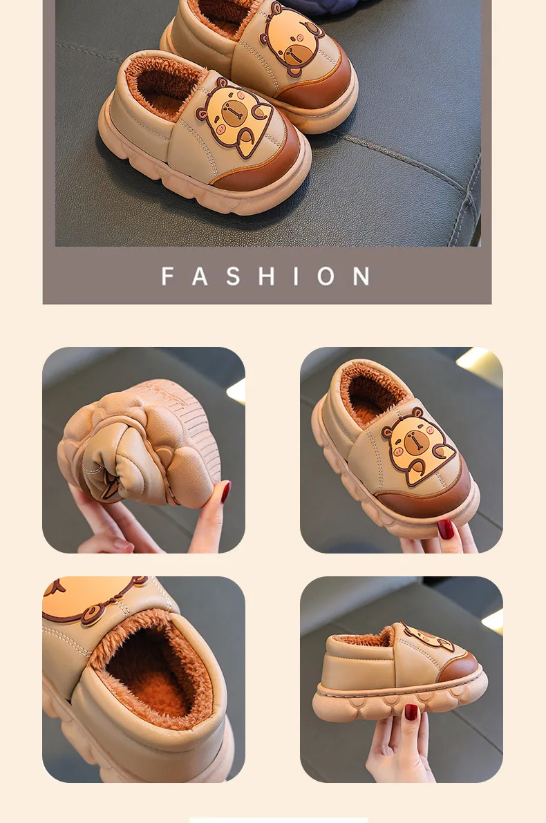 Capybara Herbst Winter kinder Baumwolle Schuhe Mode Warme Plüsch Hause Hausschuhe Frau Im Freien PU Wasserdichte Nicht Slip Stiefel – Detail 5