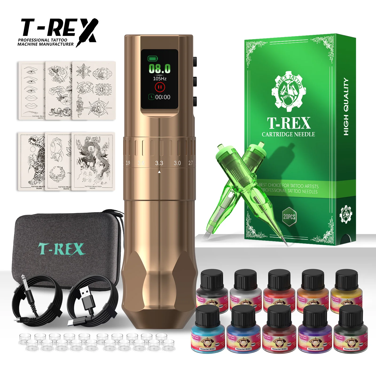 

Набор для татуировки T-rex, беспроводной вращающийся набор ручек для татуировки с 7 регулируемыми ходом, 2,0-4,2 мм, 1600 мАч, блок питания, набор тату-пистолетов