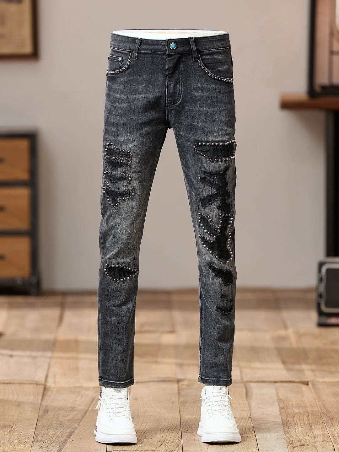 

Мужские джинсы Rio Haome Slim Fit с нашивками-стразами, в стиле High Street, для зимы, из хлопкового стрейч-денима, с эффектом потертости