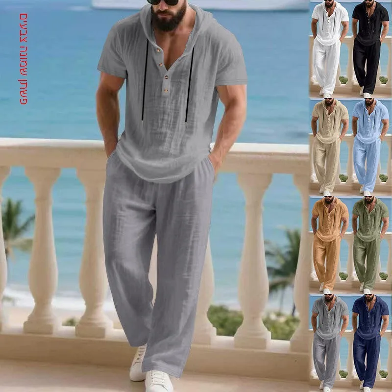 

Мужской осенний повседневный комплект из льняной ткани: свободная рубашка-хенли с капюшоном и коротким рукавом, брюки и футболка с коротким рукавом