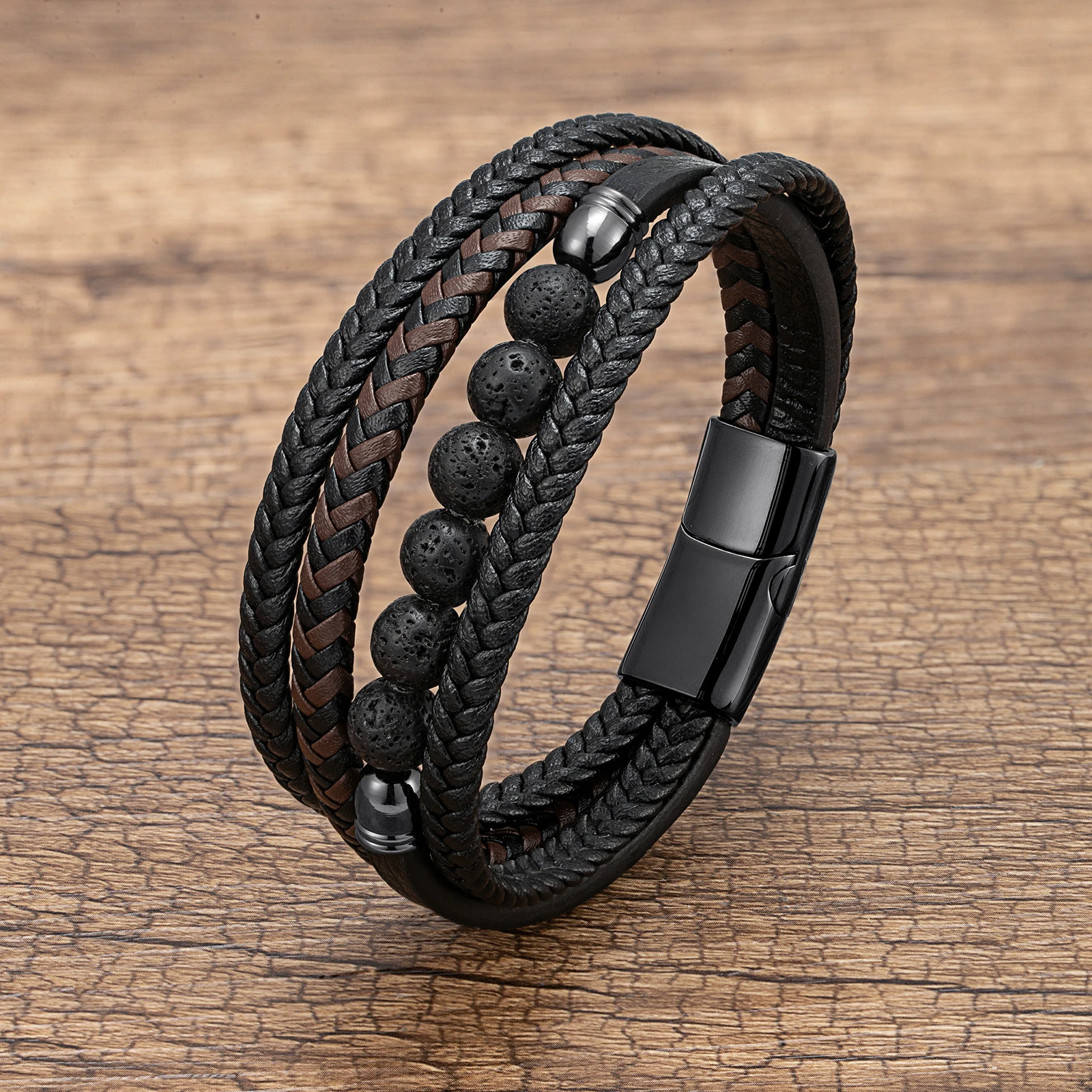 Natürliches Rundes Lavastein-Perlenarmband für Männer, Mehrschichtiges Geflochtenes Lederarmband, Modisches Tigerauge-Schmuckstück, Geschenk für den Freund – Detail 3
