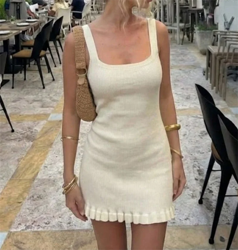 Women's Sexy Sleeveless Backless Flounce Short Bodycon Dress Summer Beach Crochet Swimwear Ruffle Knit Bikini Cover Ups Swimsuit