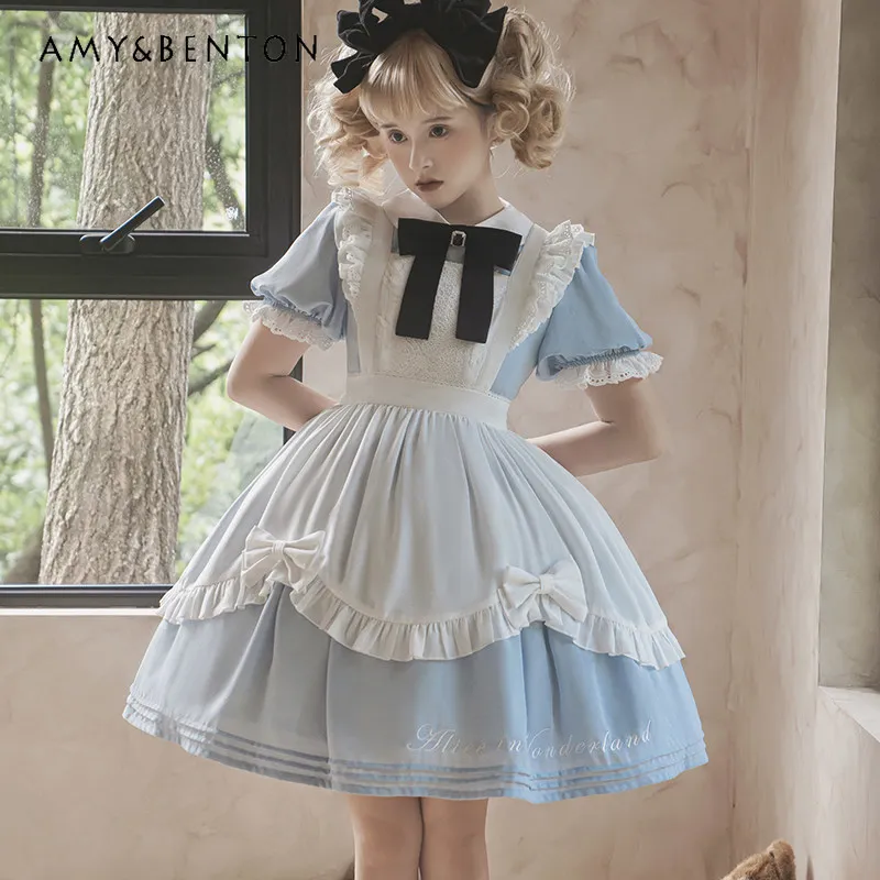 

Summer New Commuting Banquet Date Daily Women's Sweet Letter Embroidery Short Lolita Blue Dress White Apron Two-Piece Set