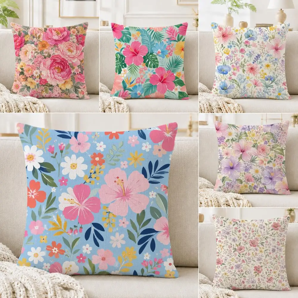 Pattern Fresh Floral Cushion Cover Linen Cushion Cover, Double-Sided Printed Pillow Cover for Sofa Home Decor
