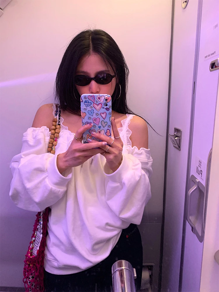 

Spring Faion White Hoodie And Crop Top Set Women's Long Sve Cotton Outfit oulder Baring Top And Vest Two Piece Set