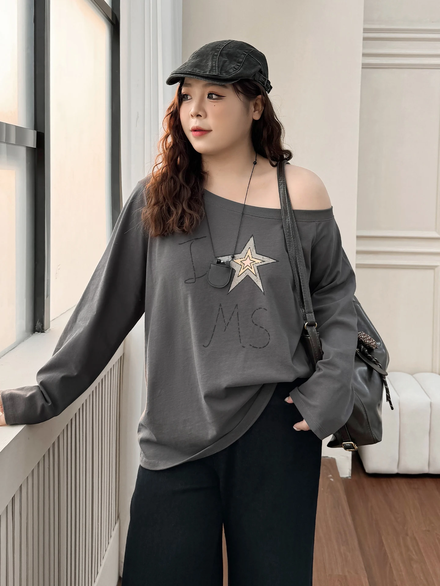 

plus Size American Sle Streetwear oulder Bared Long Sve T-irt Star Print Top for plus Size Women Spring Summer