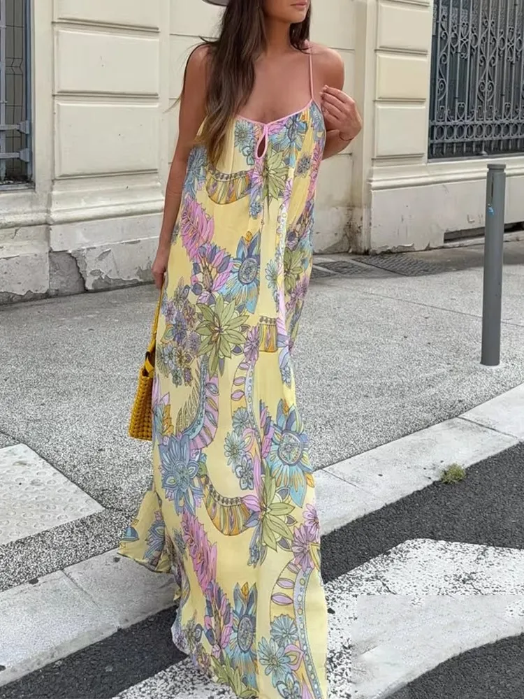 Abito lungo con stampa floreale Donna 2025 Nuova estate Vintage Sexy senza maniche con scollo a V Cami Abiti larghi Chic Holiday Beach Party Dress