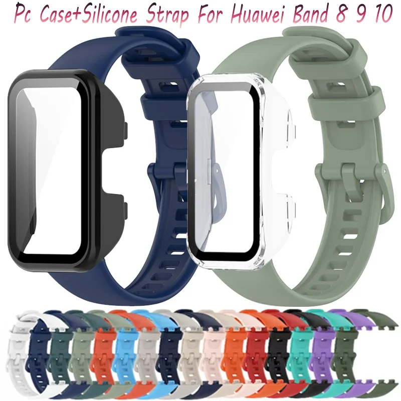 เคสพีซี+สายซิลิโคนสำหรับ Huawei Band 10 9 8 หน้าจอ HD กระจกนิรภัยกันรอย ฝาครอบระบายอากาศ สายรัดข้อมือสำหรับ Huawei Band 10