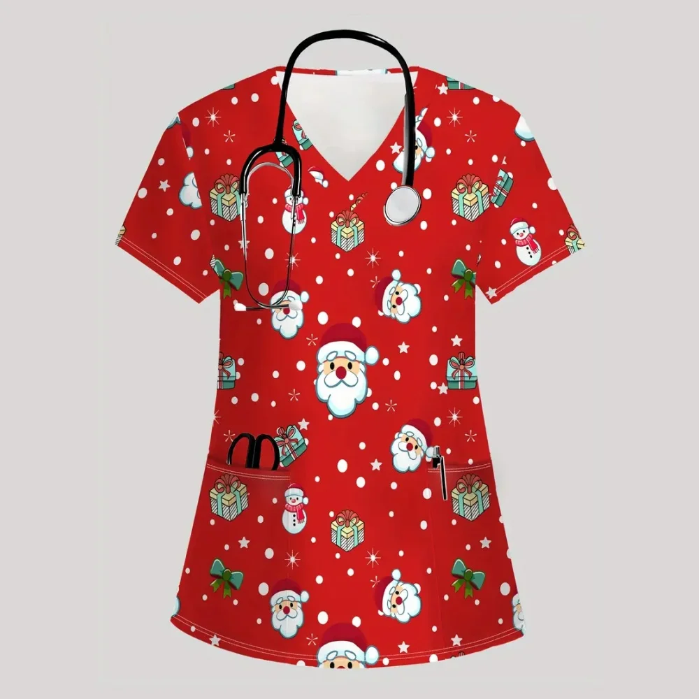 عيد الميلاد الزي الجراحي امرأة عيد الميلاد موضوع نمط موضة الخامس الرقبة جيب قصيرة الأكمام بلايز التنقل الدعك موحدة امرأة