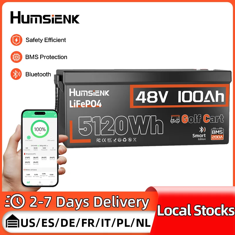 

Аккумуляторы HumSienk 48 В 100 Ач LiFePO4 5120 Втч специально разработанные для тележки для гольфа 200 А BMS Прочный умный Bluetooth-монитор