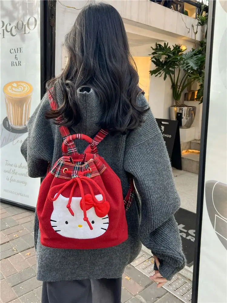 

MINISO милый рюкзак Hello Kitty для женщин девушек винтажный Красный клетчатый шерстяной тканевый отличительный Элегантный Модный мини-рюкзак