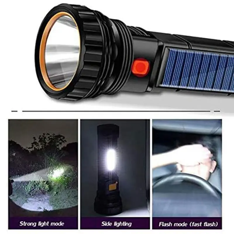 ABUL-Solar/Rechargeable Multi Function LED Flashlight,Waterproof,With Emergency Strobe Light,USB Charging Cable,Fast Charging Du