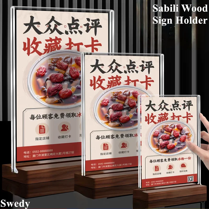 A6 10x15cm Double-Sided Acrylic Sign Holder Display Stand Wood Menu Paper Holder Picture Photo Flyer Document Holder Frames