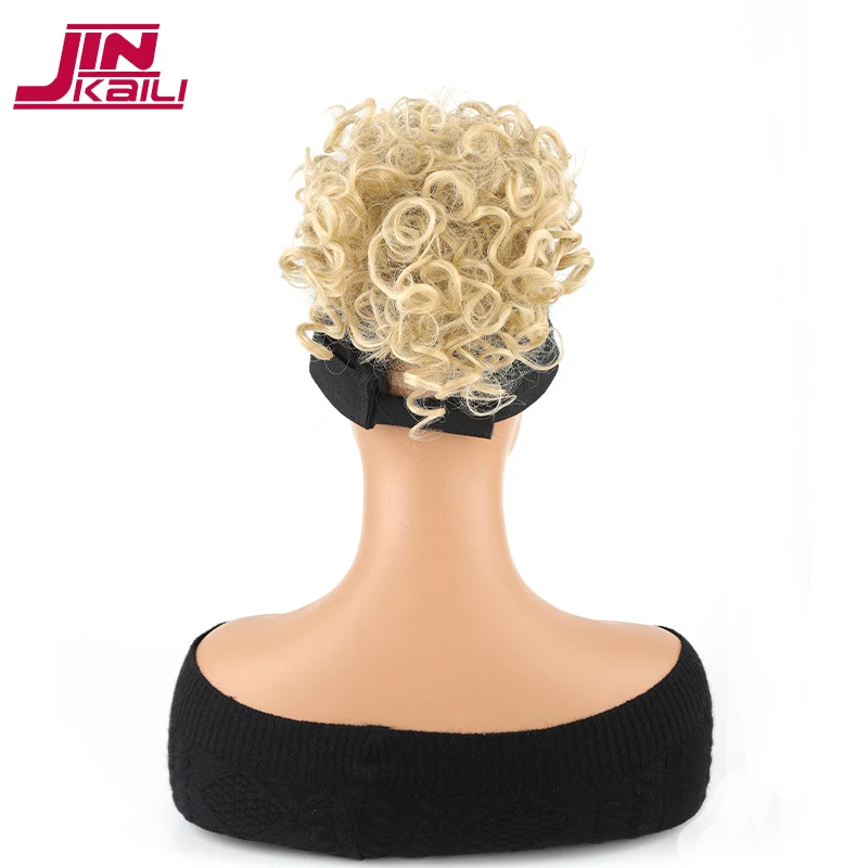 JINKAILI 合成乱雑なカーリーおだんごヘアピース弾性巾着ポニーテールエクステンションおだんごヘアグレーブラックブロンド偽おだんごヘア