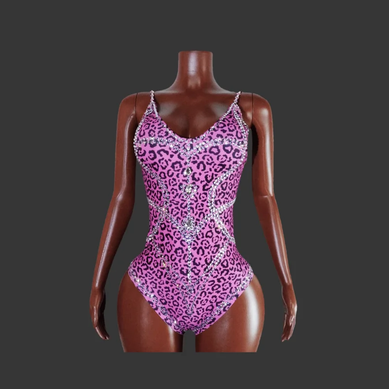 

Sexy Pink Leopard Print Water Diamond Stretch Jumpsuit Dance Singer Birthday Party Nightclub Bar Stage Costume Drag Queen Costum