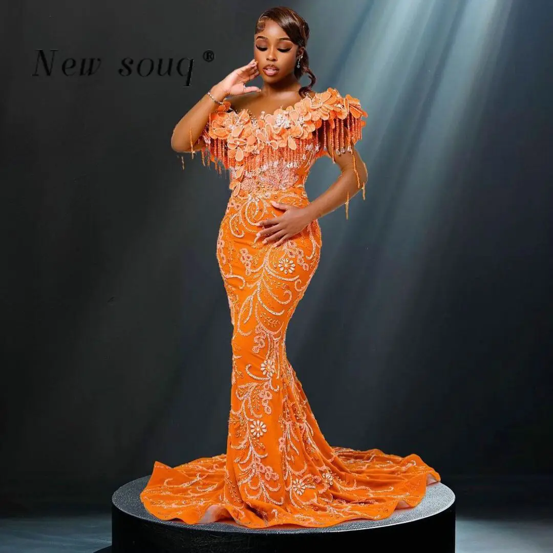 Nigerian Black Women Orange Mermaid Prom Dresses Crystals Beading Sheer Long Sleeves Asoebi Wedding Evening Party Gowns