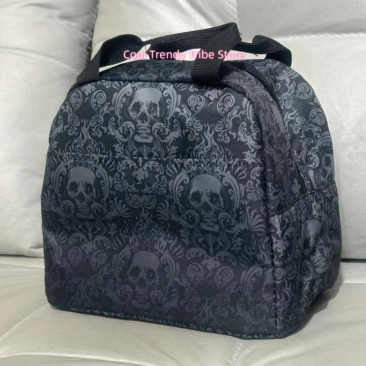 Non-Food Contact Skull Pattern Print Insulated Lunch Bag - Durable Polyester, Portable Cooler for Work, Picnic And Travel