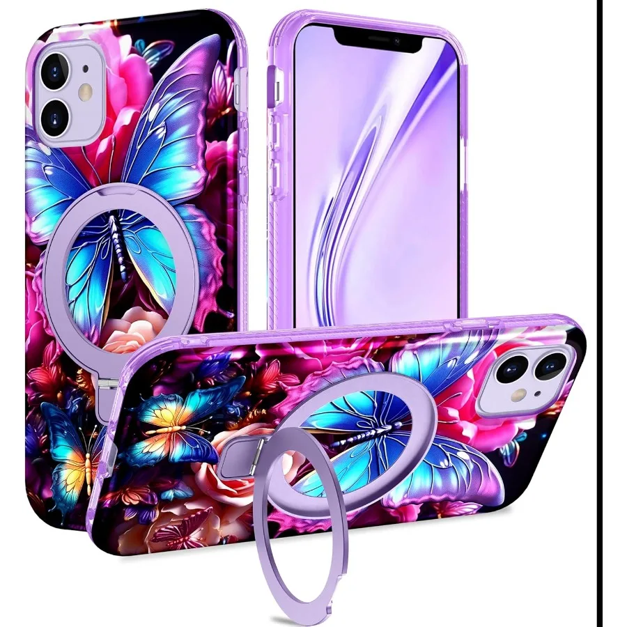 

Магнитная невидимая кольцевая подставка с фиолетовым узором для iPhone 11, чехол с поддержкой MagSafe, противоударный защитный облегающий дизайн