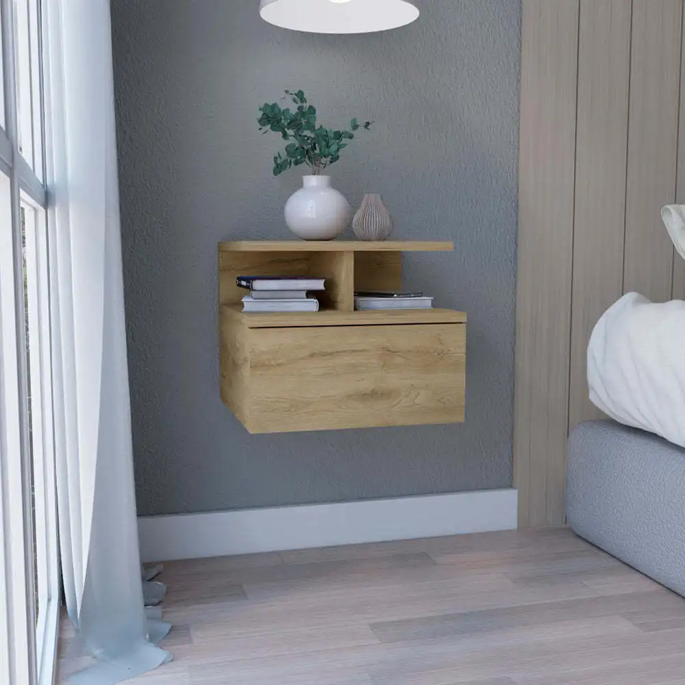 Floating Nightstand 12"H Wall Mounted with Single Drawer and 2-Tier Shelf Macadamia