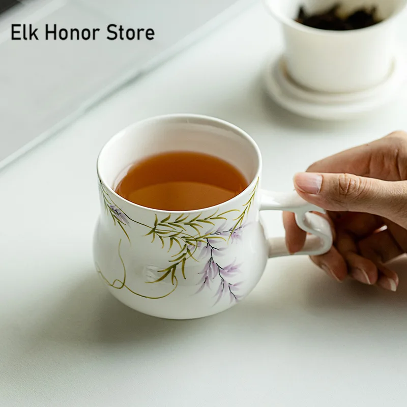 320ml Pure Hand-painted Wisteria Mug Boutique Coffee Cup Mug with Filter and Lid Tea Maker Personalized Mug Tea Items Craft Gfts