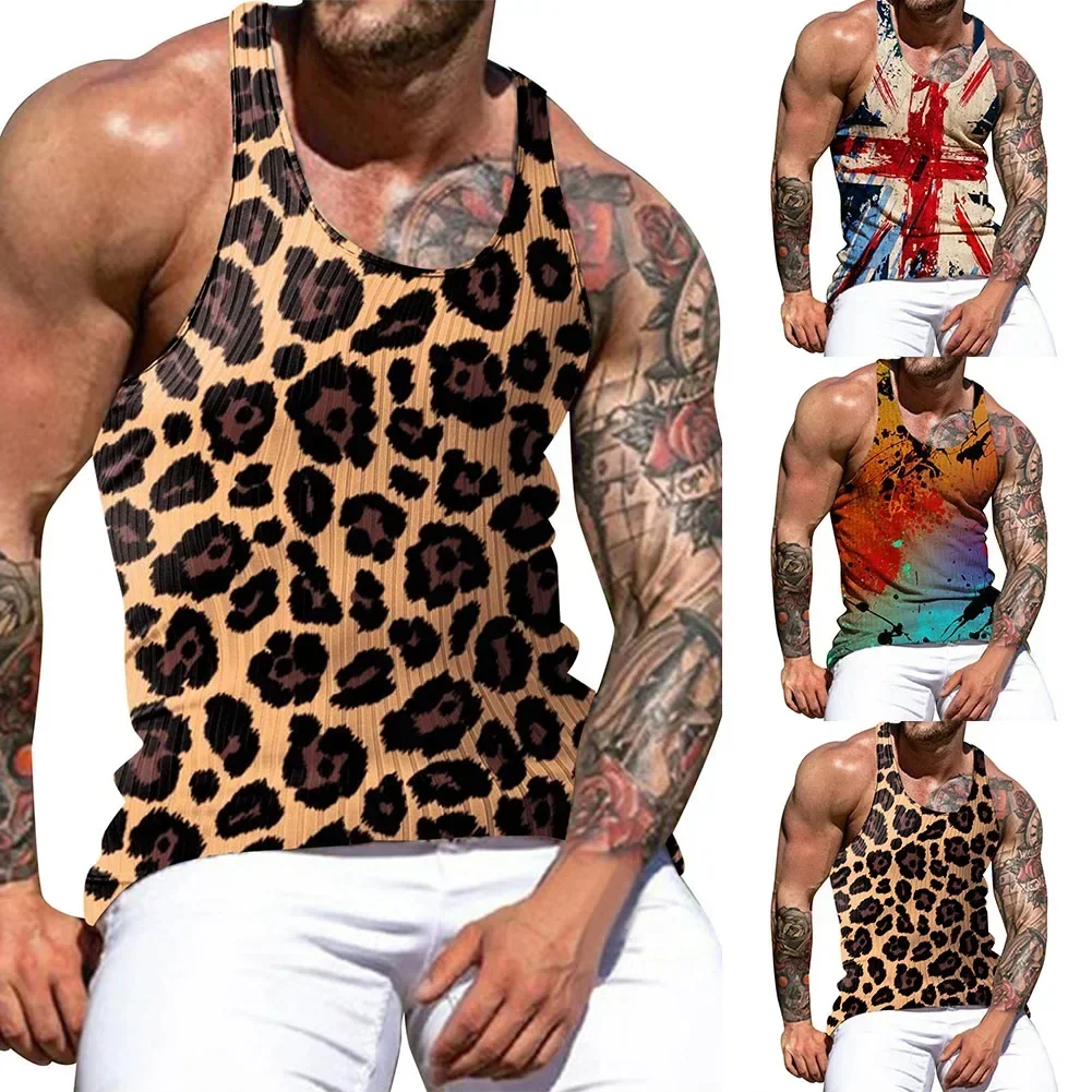 Men Abstract Leopard Print Sleeveless Tank Top Vests Fitness Gym Muscle Bodybuilding Sport Workout Vest Male Clothing