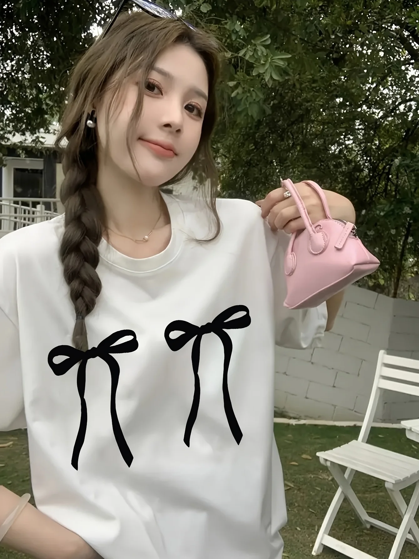 

Bow Print Harajuku Short Sleeve Casual Women's T-shirt Clothing Street Tops Tees Sleeved Harajuku Aesthetic Clothes