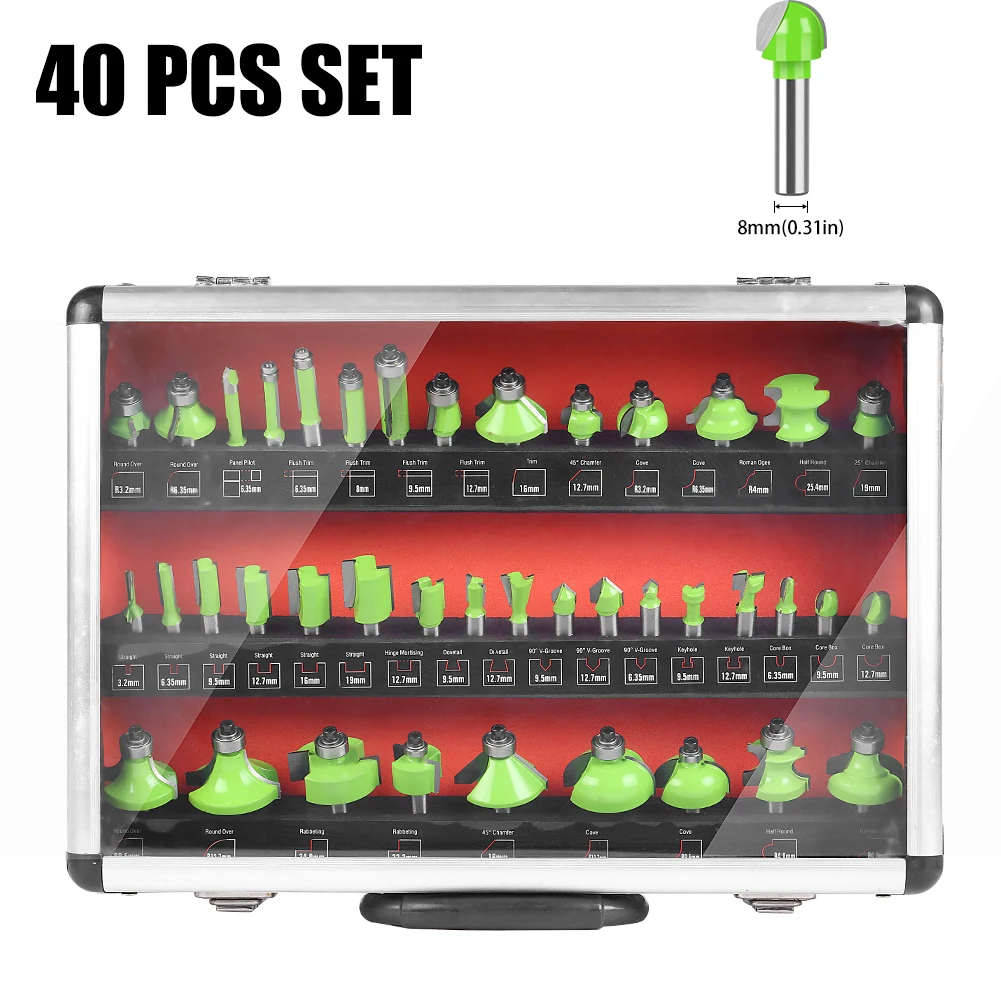 

40PCS 8mm Shank Router Bit Set, Rounded Edge Cutter, Slotting Straight Cutter, Bevel Edge Cutter, Woodworking Tools