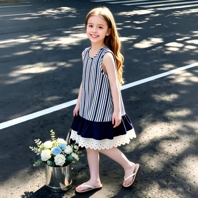 Rantuo Girls' Summer Dress2026New stylish striped patchwork vacation-style vest dress for older children