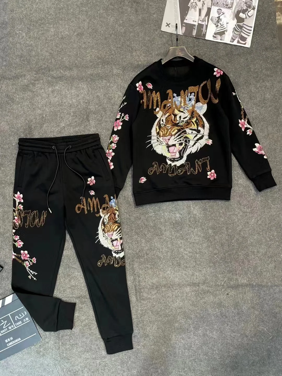 Autumn New Unisex Trendy Brand Heavy Embroidery Rhinestone Sweatshirt Cartoon Fashion Light Luxury Loose Casual Sweatshirt Set