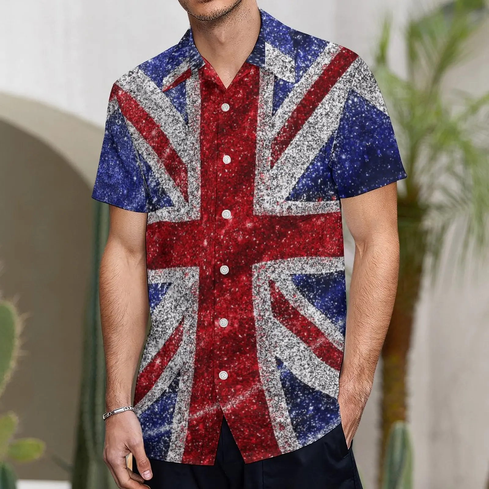 Casual Graphic Glitter Union Jack Flag UK Sequin A Short Sleeved Shirt Tshirt Suit Leisure High Quality USA Size